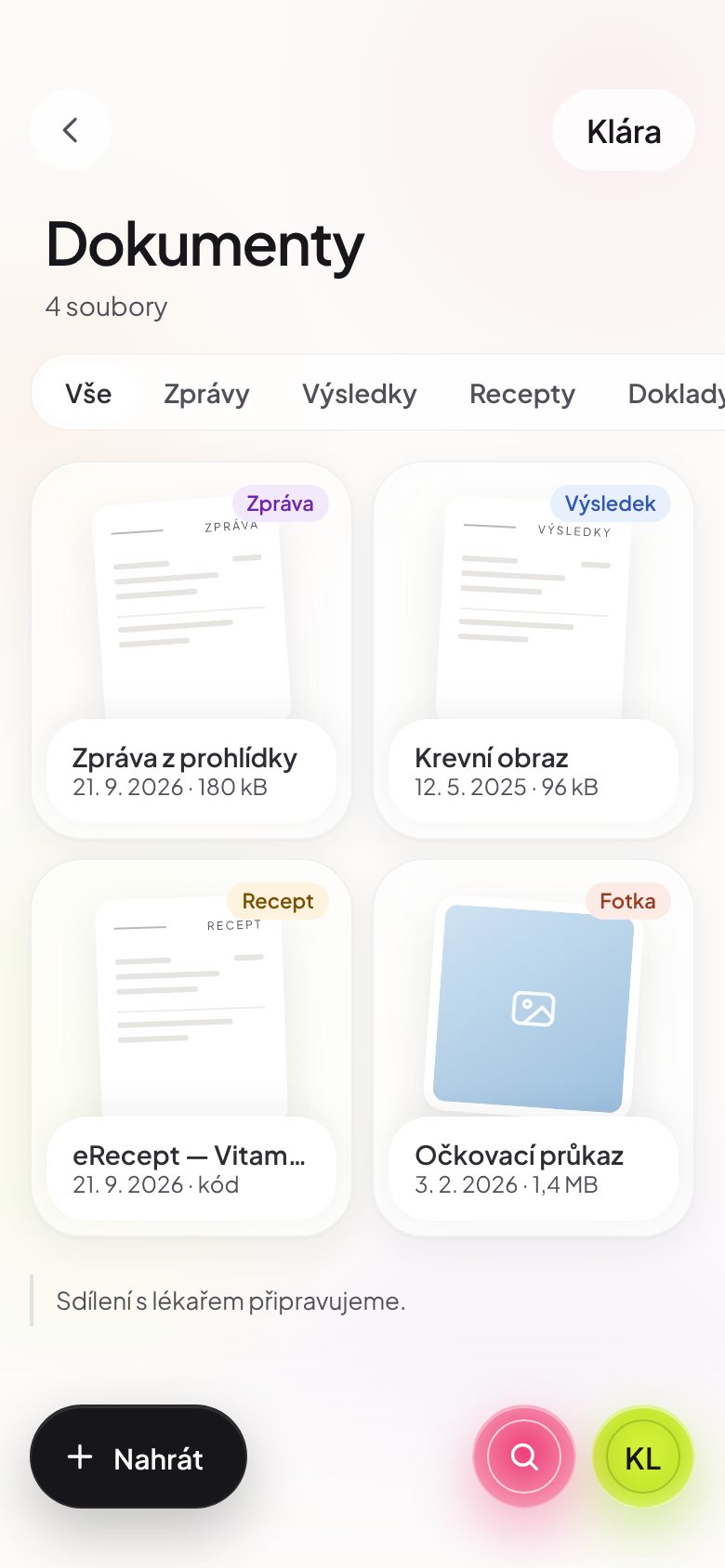 Dokumenty: zpráva z prohlídky, krevní obraz, eRecept, očkovací průkaz
