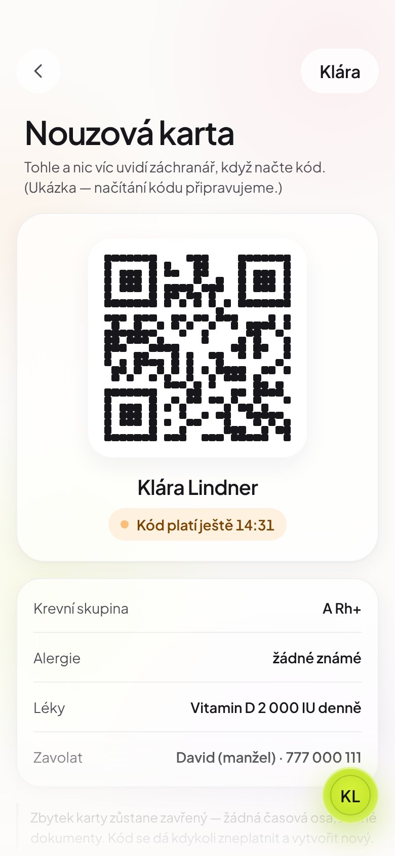 Nouzová karta s krevní skupinou, alergiemi a kontaktem